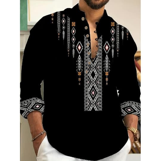 Dropshipping Cross-border Men's Shirt Summer New Long Sleeve Stand Collar Trendy Printed Casual Thin Shirt for Men