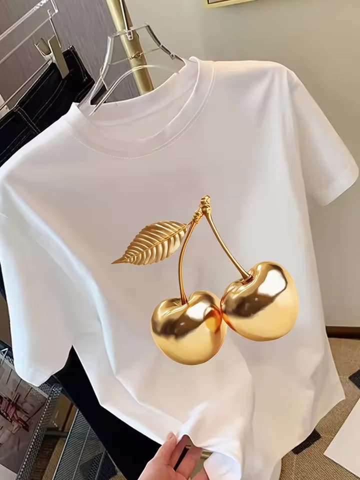 Cross-border European Size White Gold Cherry Print Short Sleeve T-Shirt Sweet Lively Casual Versatile Women's Top