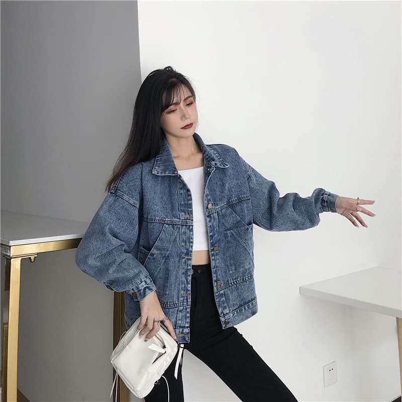 Loose Short Denim Jacket Women's Style Korean Version Vintage Hong Kong Flavor Student Casual Top Trendy Blue Color