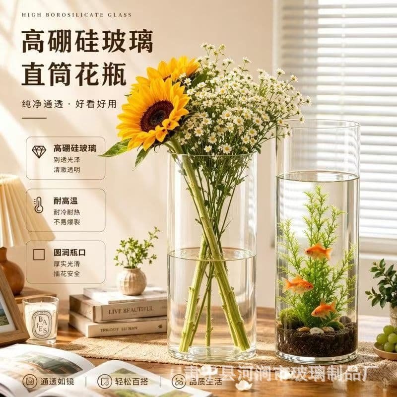 High borosilicate glass vase straight transparent hydroponic flower arrangement ornaments living room light luxury style flowers and green plants decorative vase