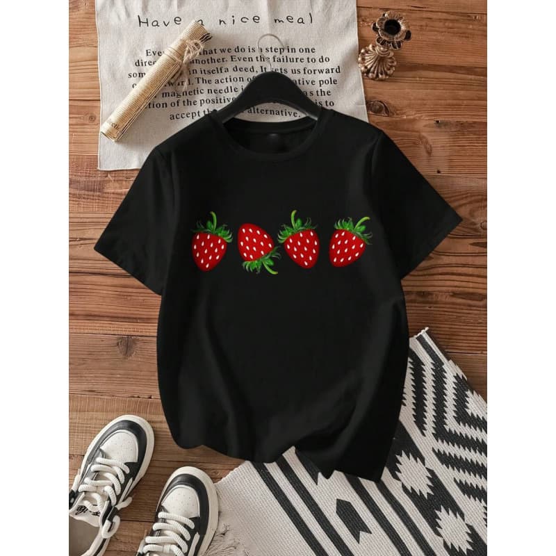 Strawberry European and American Summer Export T-Shirt Round Neck New Short Sleeve Printed Pattern Cross-border Women