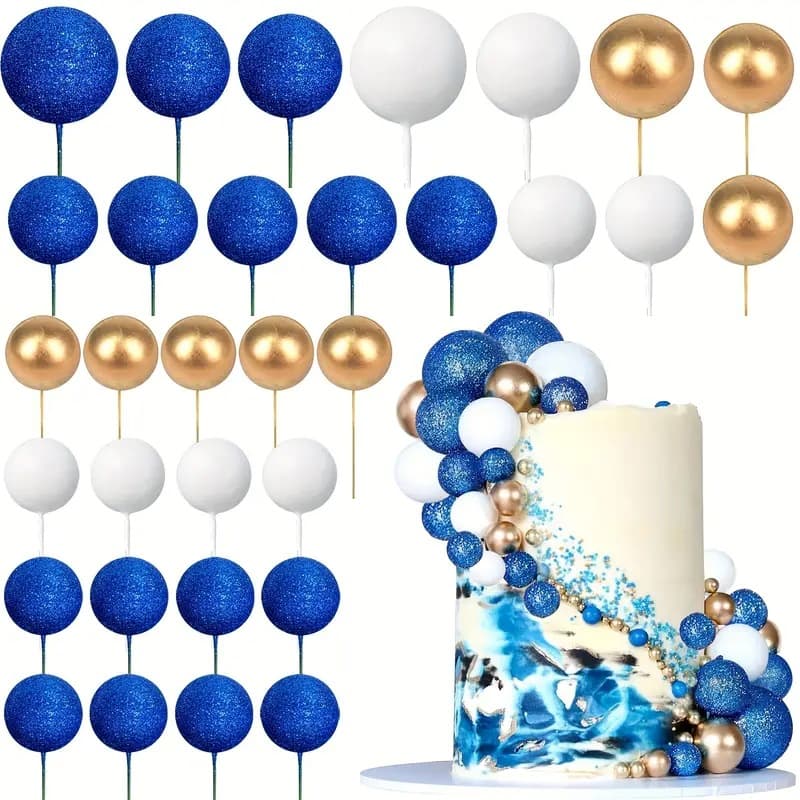 Cross-border In-stock 32pcs Set Cake Decorations Toppers, Gold Balls for Birthday Party Decor, Glitter Balls