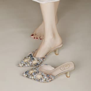 French Rhinestone Floral Pointed Toe Half Slipper Stiletto Heel Daily Wear Open Toe High Heel Women's Sandals 6066-36