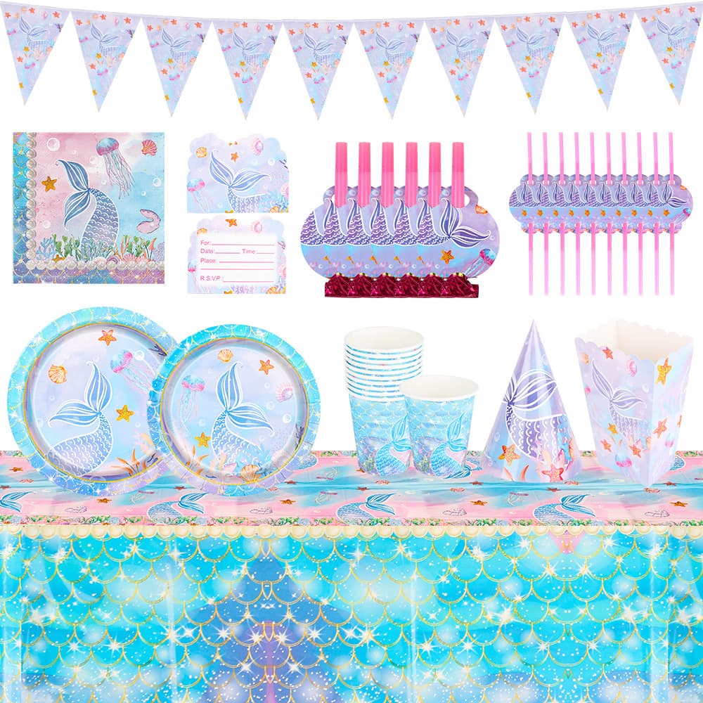 Mermaid Birthday Party Banner Tablecloth Plate Decoration Set Ocean Theme Spiral Hanging Cake Topper