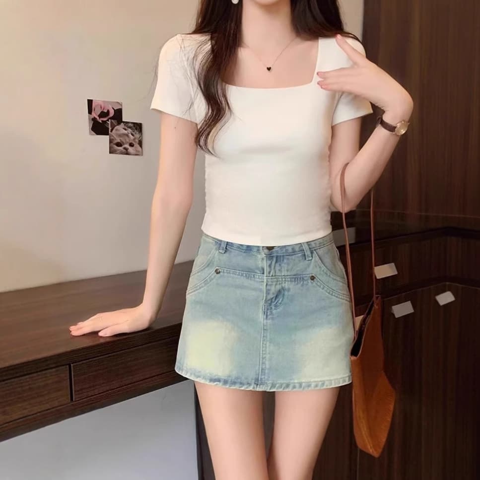 40 Cotton 2025 Summer Retro Hong Kong Style Slim-fit Short Short-sleeved T-shirt Women's Collar Stylish All-match Casual Shirt