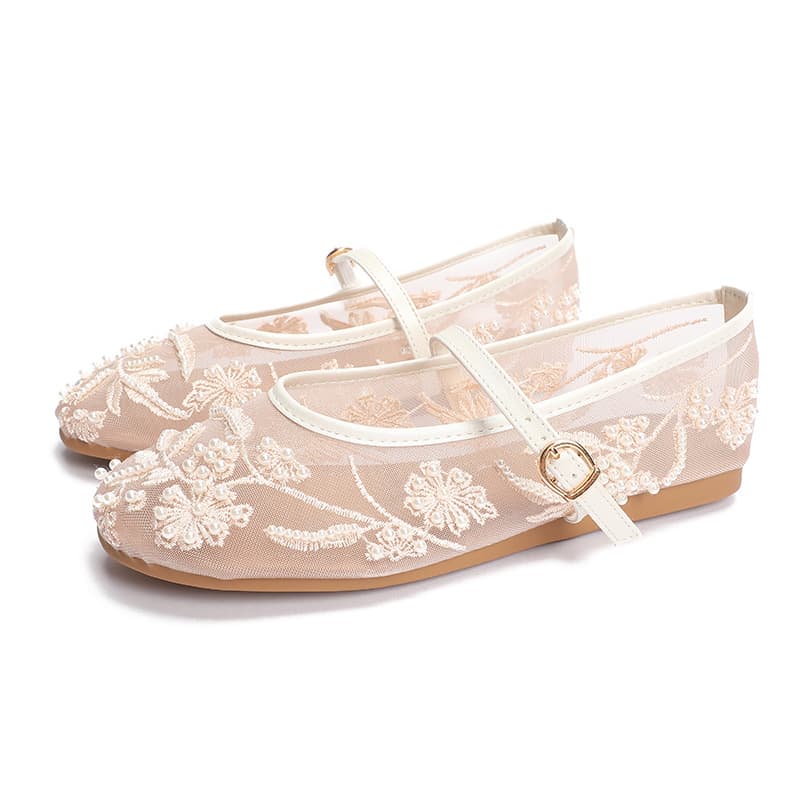 Embroidered Pearl Mesh Ballet Flats for Women, Fashionable Hollow Mesh Round Toe Flat One-Strap Mary Jane Shoes