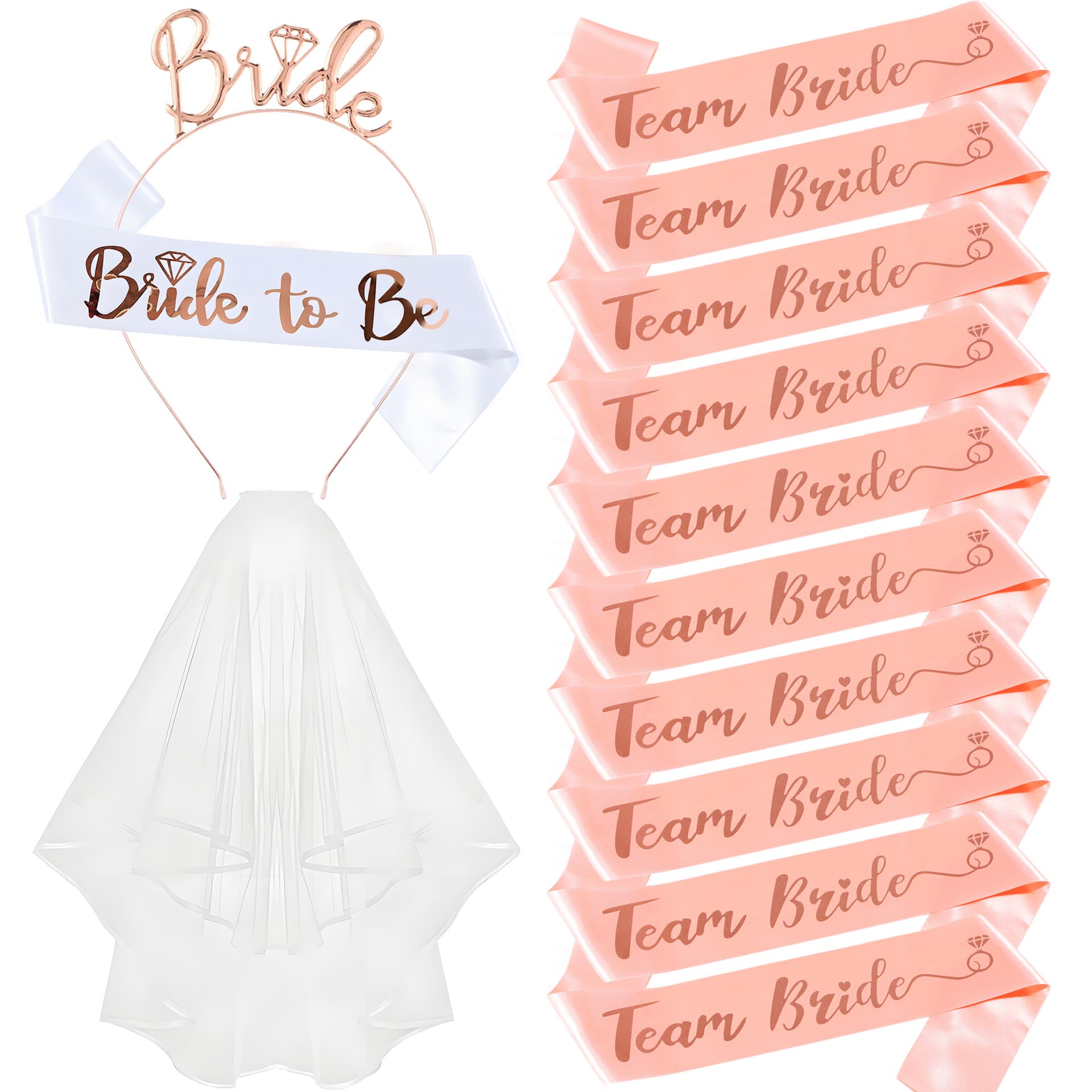 European and American Bride Headband Shoulder Veil 13-Piece Set Double-Layer Bound Edge Veil Bachelorette Party Zinc Alloy Headband Costume