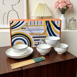 Galaxy Color Box Vertical Pattern Bowl and Chopstick Set Household Ceramic Bowl Dinnerware Set Porcelain Bowl Set Gift Box