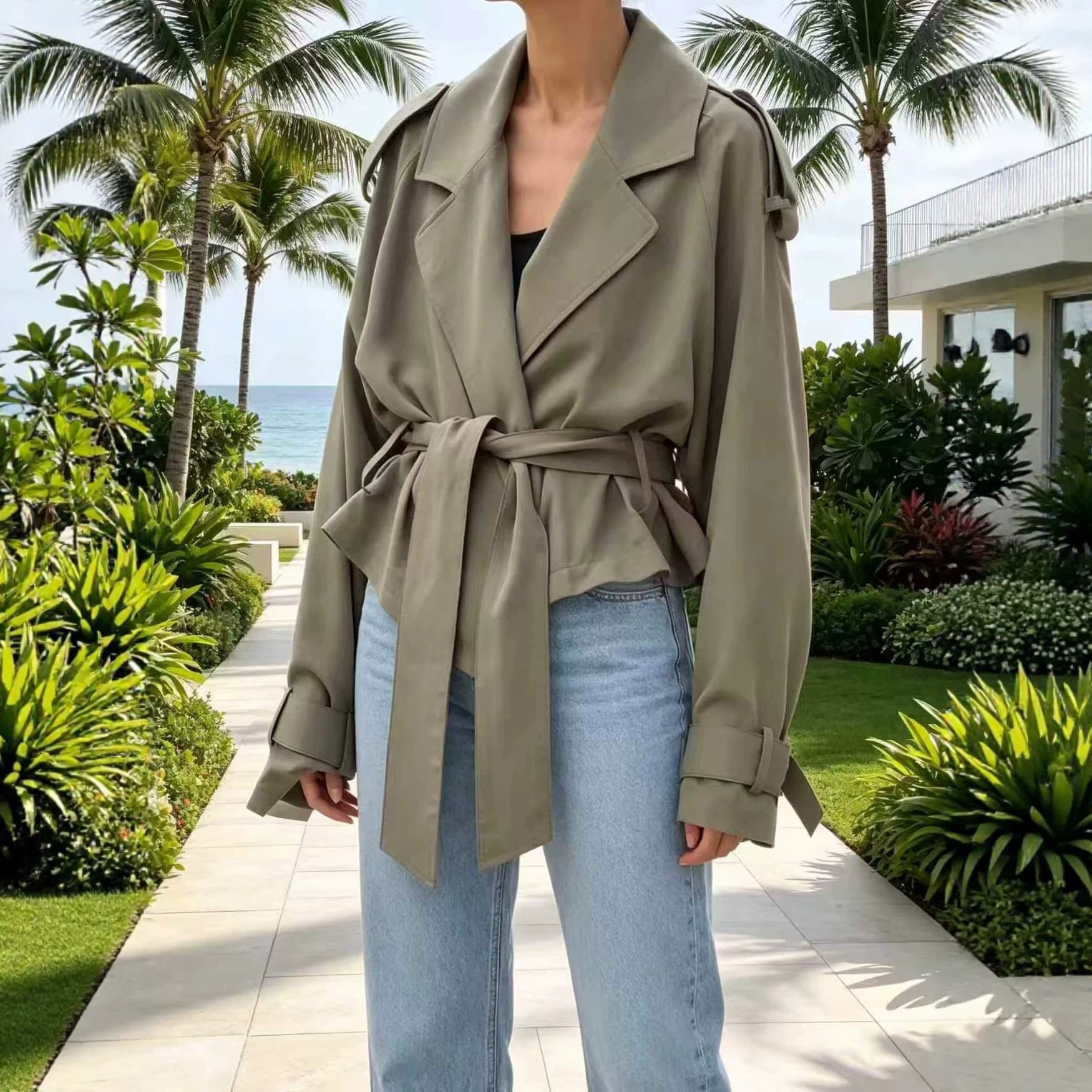 Autumn European and American high-end temperament large lapel lace-up jacket for women lazy style casual women's windbreaker cross-border women's clothing