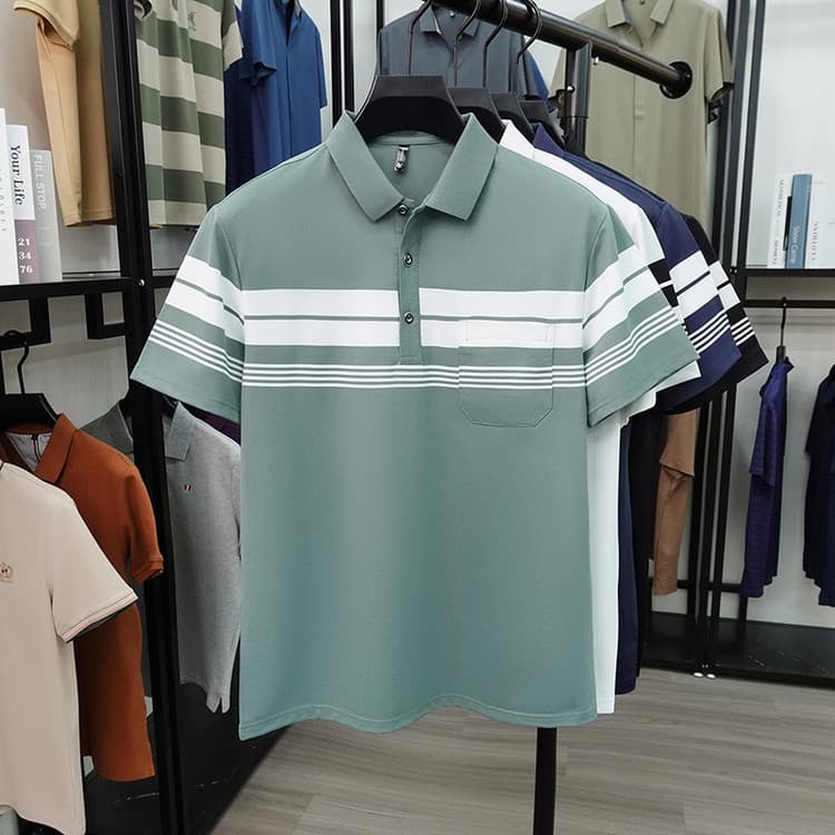 Summer Men's Cotton Short Sleeve T-Shirt, Middle-Aged and Elderly Father's Lapel T-Shirt, Striped Polo Shirt, Casual Men's Top