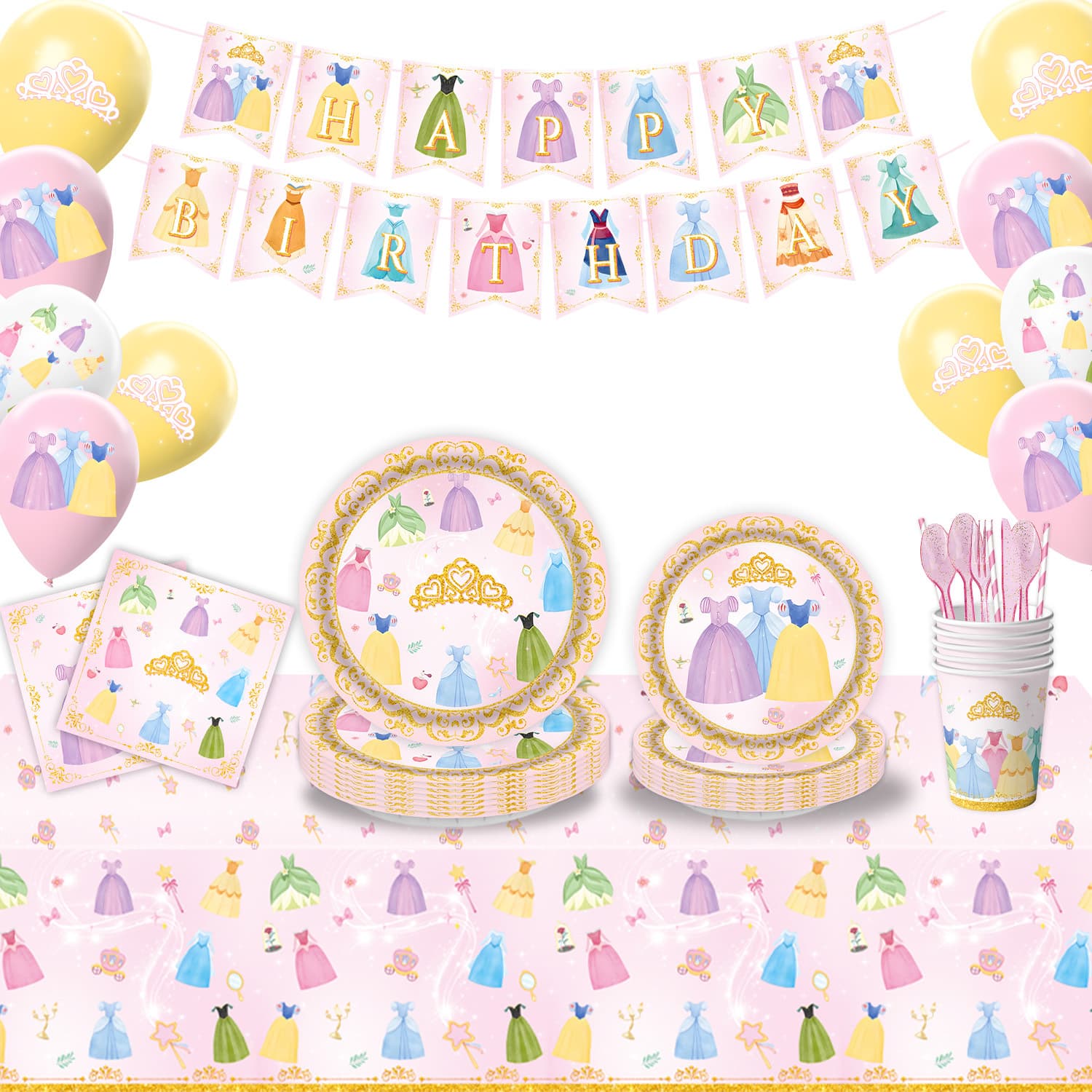 Amazon Princess Dress Theme Girls Birthday Party Tableware Paper Cups Napkins Tablecloth Banner Party Decorations