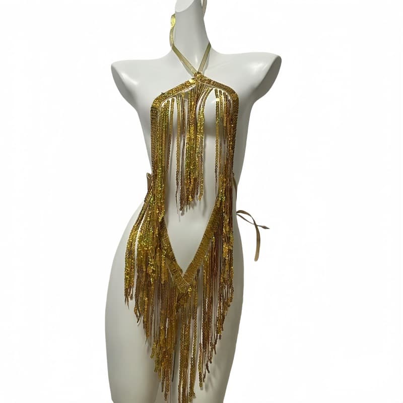 Qiaomier Sexy Intimates Sexy Nightclub Women's Cut Out Clothing Sequined Belly Dance Tassel Skirt Uniform Suit 706