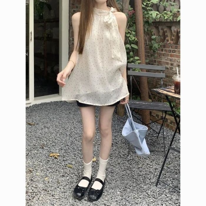 Bow Knot Polka Dot Halter Neck Blouse for Women Summer New French Style Sleeveless Shirt Designer Niche Top