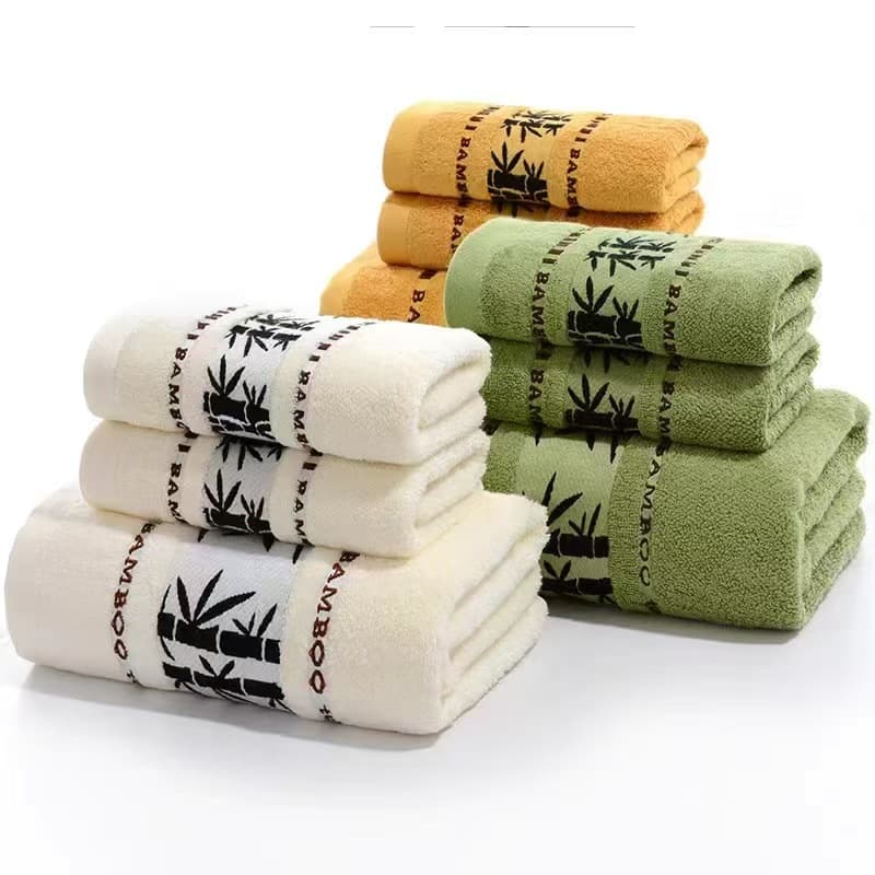 Thickened Bamboo Fiber Towel and Bath Towel Set, Large Size for Face and Body Wash, Jacquard Washcloth with Embroidered Logo
