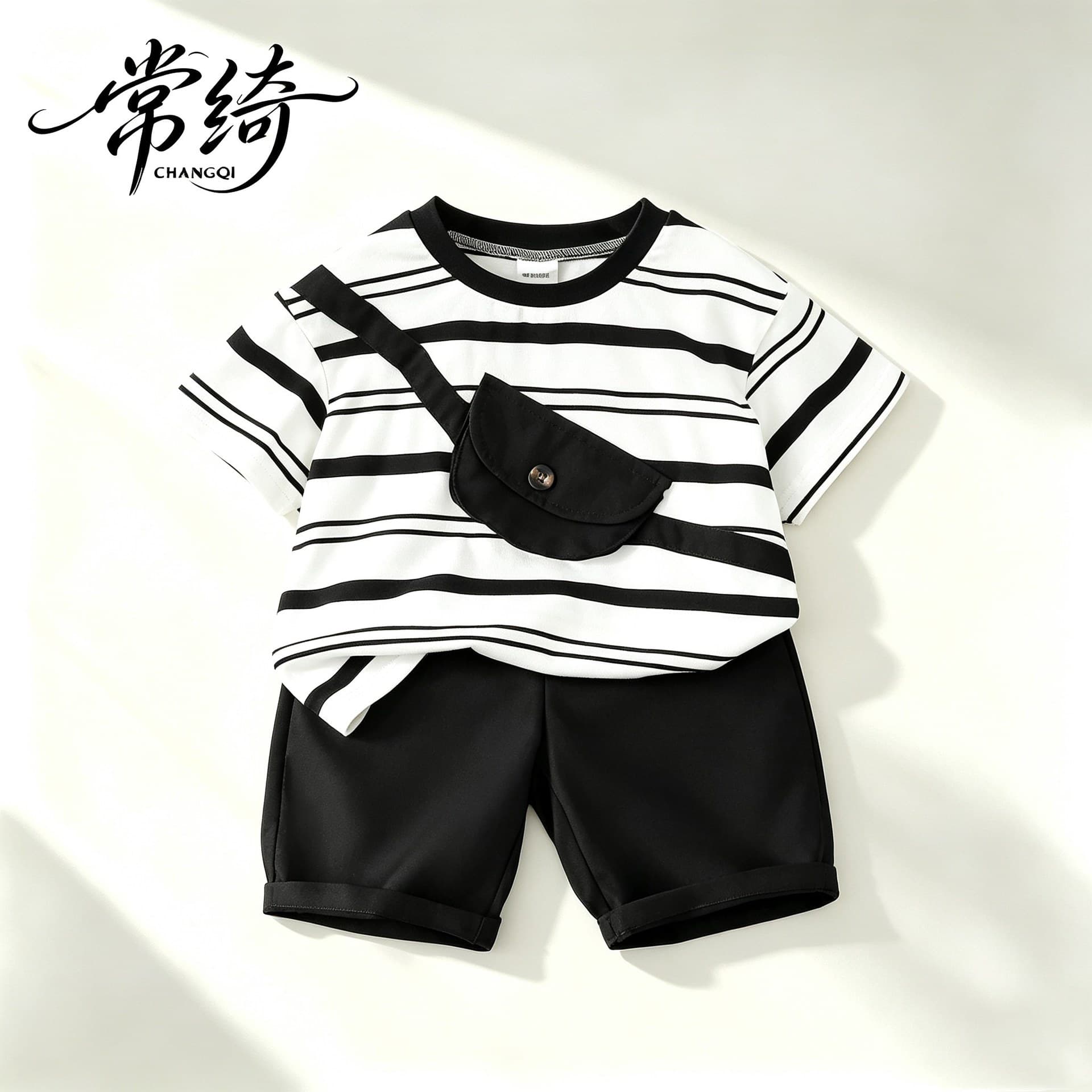 Children's Clothing Boys' Summer Suits Boys' Suits Striped Splicing Pocket Short Sleeves Short Sleeve Suits Children's Vacation Outings