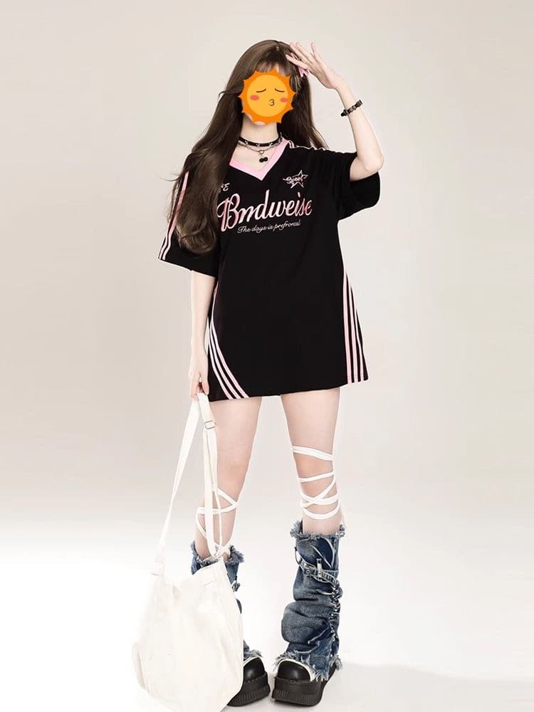 21 Pieces 210g Combed Cotton American Retro Contrast Stitch V-Neck Loose Short Sleeve T-Shirt Women's Trendy Tops Ins