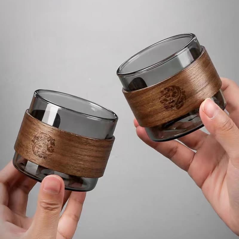 Borosilicate Glass Small Tea Cup for Home and Guest Use, Ash Gray Glass Tasting Cup with Walnut Wood Ring Heat-Insulated Cup