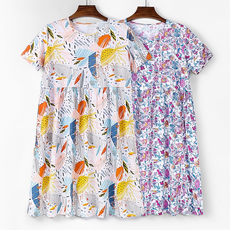 Women's Cotton Nightgown Floral Print Mother Style Summer Loose Long Dress Casual Loungewear