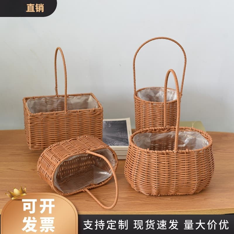 Flower Basket Portable Plastic Rattan Imitation Rattan Flower Arrangement Waterproof Hand-woven Portable Festival Souvenir Basket Flower Blue