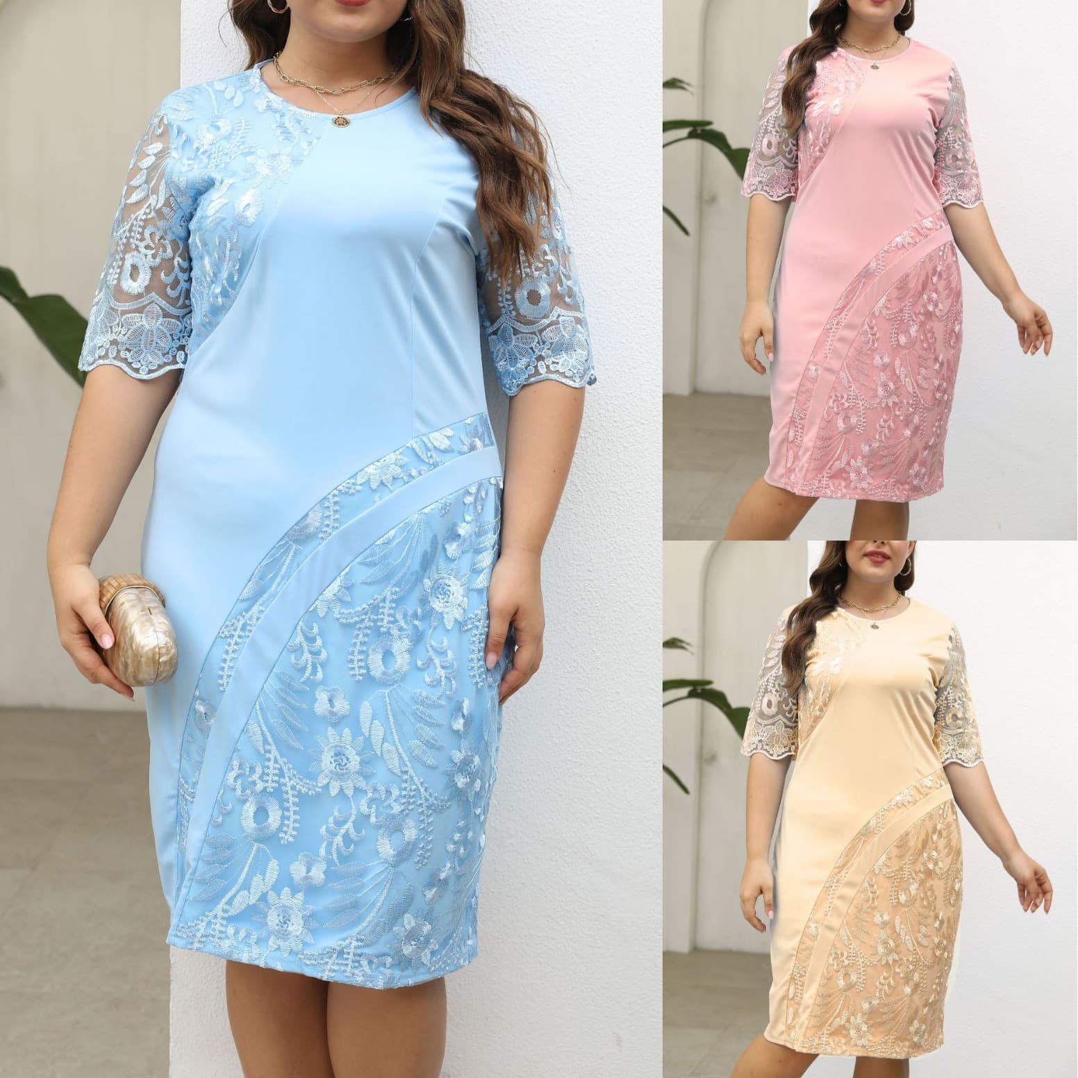 New Spring/Summer Plus Size Women's Dress with Patchwork Embroidery Lace Slim Fit Cocktail Gown for Cross-Border EU/US Market