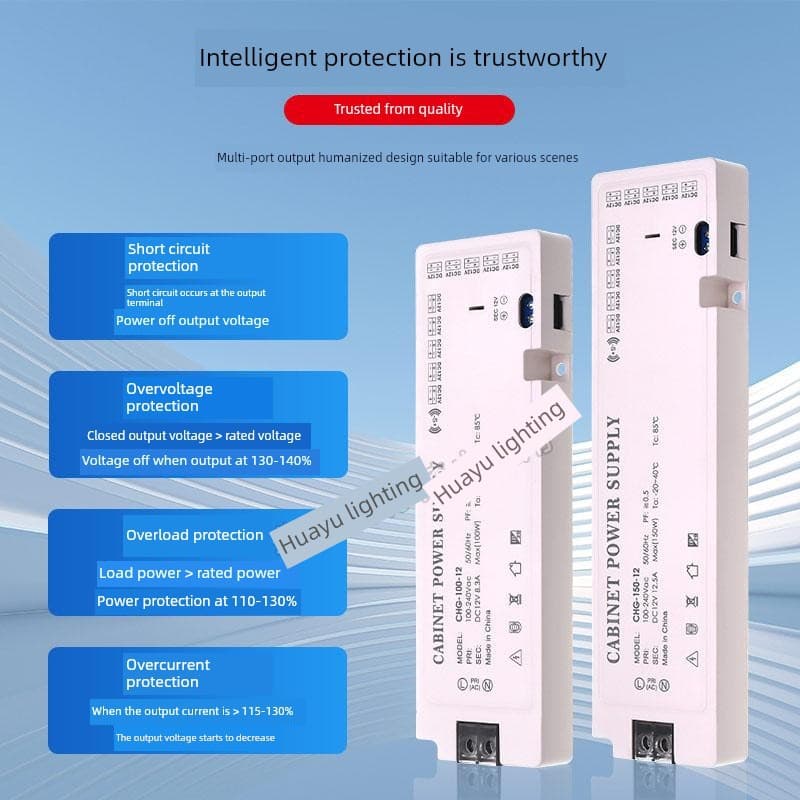 Power transformer input 110V-240V to 12V/24V, 60W/100W/150W for LED cabinet and wardrobe lights.