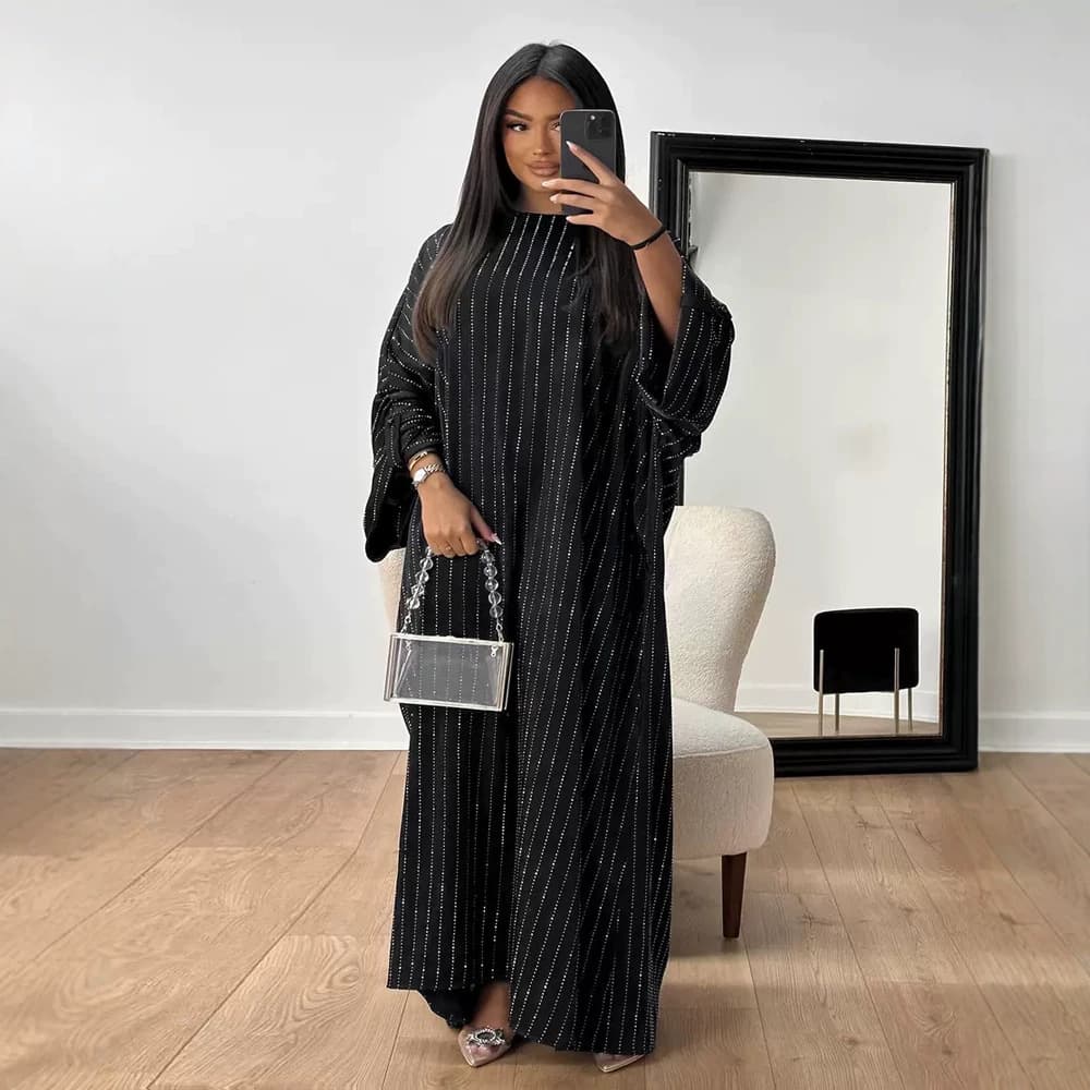 F479 Foreign Trade Cross-border Women's Rhinestone Loose Long Skirt Fashion Outerwear Striped Bat Sleeve Dress Factory In Stock