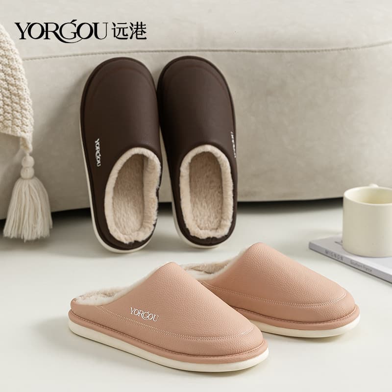 Yuangang 2023 New Waterproof Leather Slippers for Men and Women, Autumn and Winter Home Use, Warm Fleece Lined Indoor Non-slip Cotton Slippers