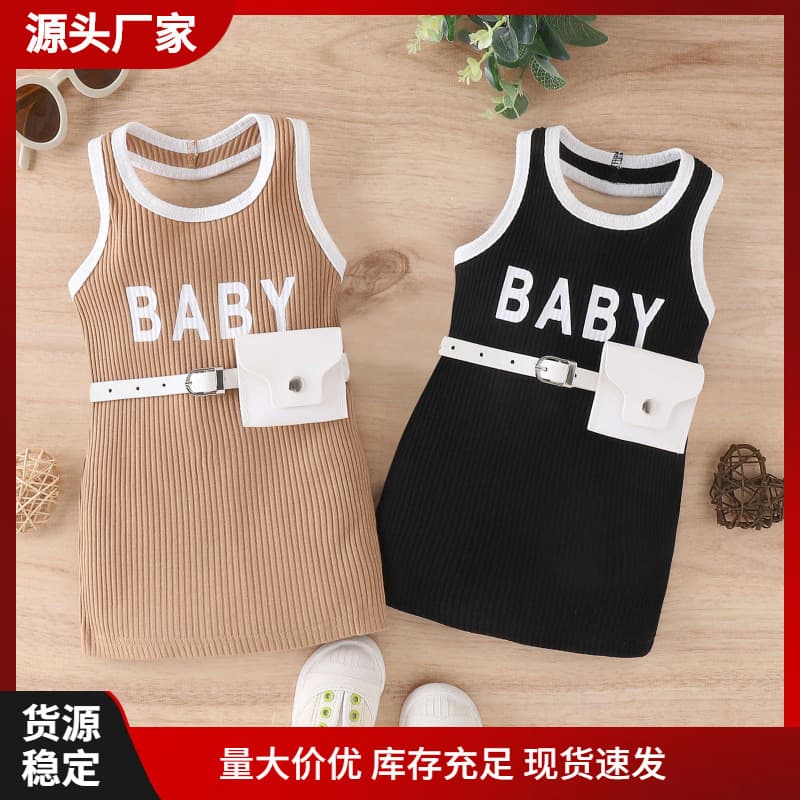 Summer Trendy Kids Dress European Style Sleeveless Letter Print Neck Hanging Dress Girls Cotton Skirt for Ages 3 to 8