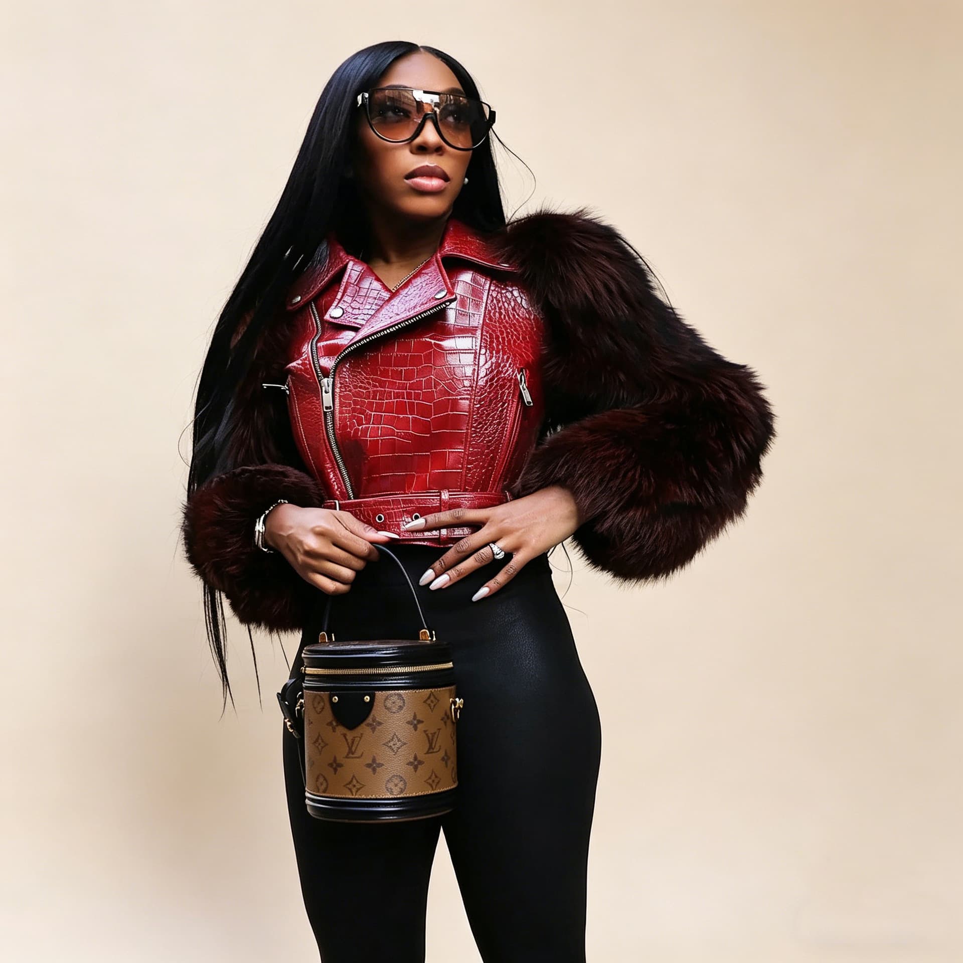 European and American Style Women's Furry Long-Sleeve Leather Jacket, Personalized Patchwork Motorcycle Style Faux Leather Short Coat
