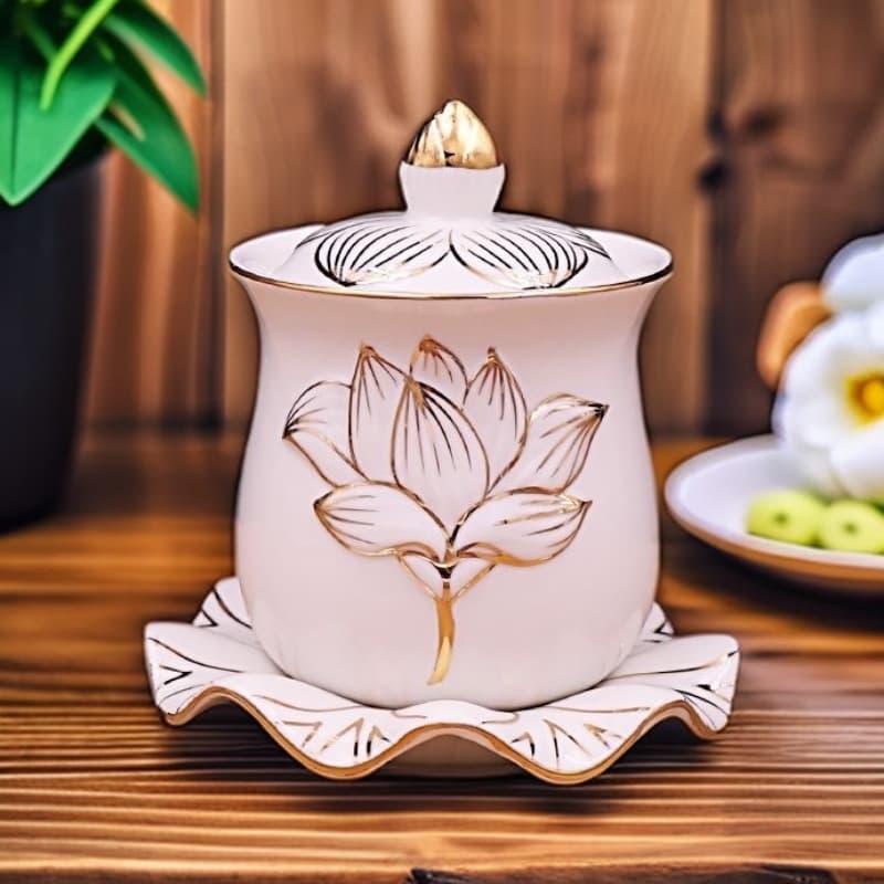 Large Gold-trimmed Lotus Holy Water Ceramic Purification Cup Offering Set Guanyin Water Vessel Tribute Cup Household Buddhist Altar Use
