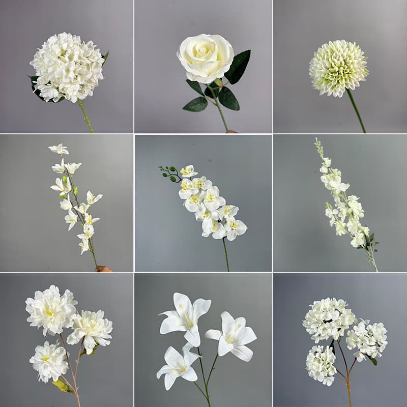 White artificial flower materials for wedding ceremony hall ceiling decoration, rose hydrangea fake flower row silk flower wholesale