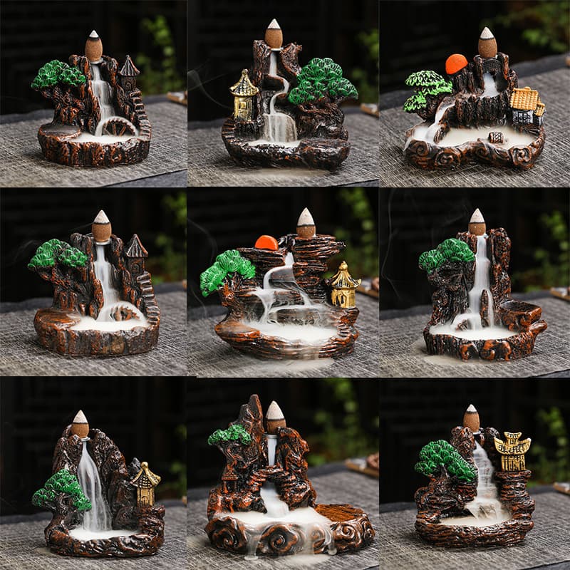Cross-border wholesale of reverse flow incense burners, resin Zen landscape design, ornamental distant mountain pattern, for office and home use.