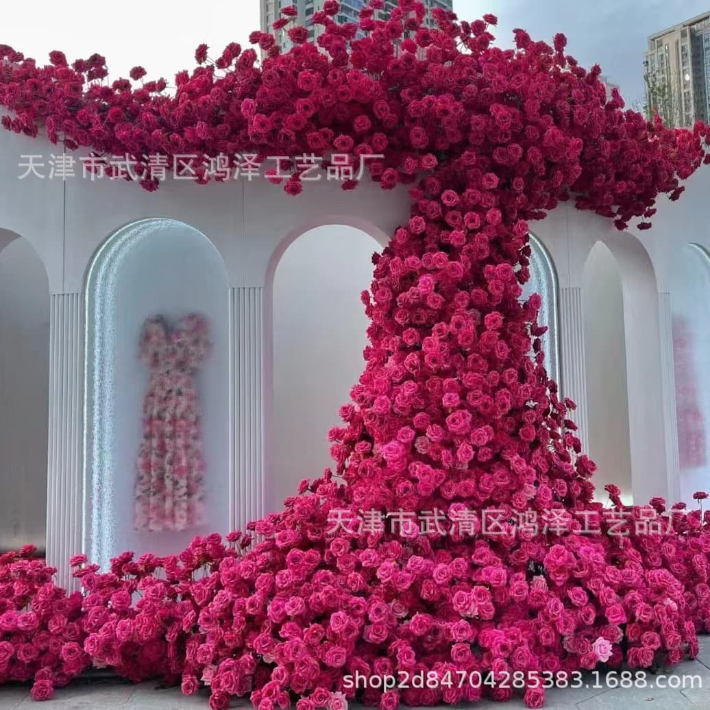 Simulated Rose Waterfall Floyd Rose Mall Art Installation Internet-Famous Photo Spot Flower Wall Decoration Rose Red Artificial Flowers
