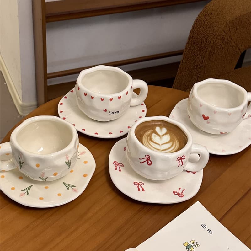 Korean Vintage Floral Ceramic Cup and Saucer Set, Handmade Irregular Coffee Cup and Saucer, Afternoon Tea Cup and Saucer Wholesale