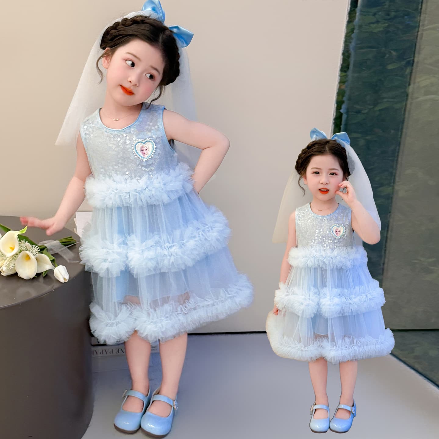 Girls Summer Mesh Dress Children Princess Dress Elsa Tutu Cake Dress Baby Girl Summer New Style Dress
