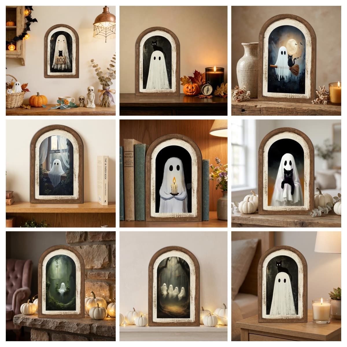 Cross-border Halloween Ghost Series Wooden Double-Layer Decorative Sign, Vintage Arch Frame Desktop Ornament Wall Hanging