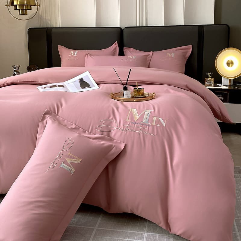 Solid Color Long-Staple Cotton Embroidered Four-Piece Set, Autumn/Winter Minimalist Sheet, Fitted Sheet, Quilt Cover, Warm Embroidered Brushed Style