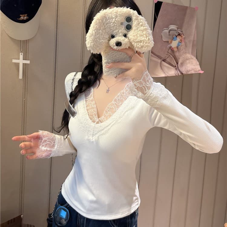 857# Pure Desire Lace Trim V-Neck Long Sleeve T-Shirt, Autumn/Winter Brushed Inner Layer with Padded Bust Slimming Warm Top