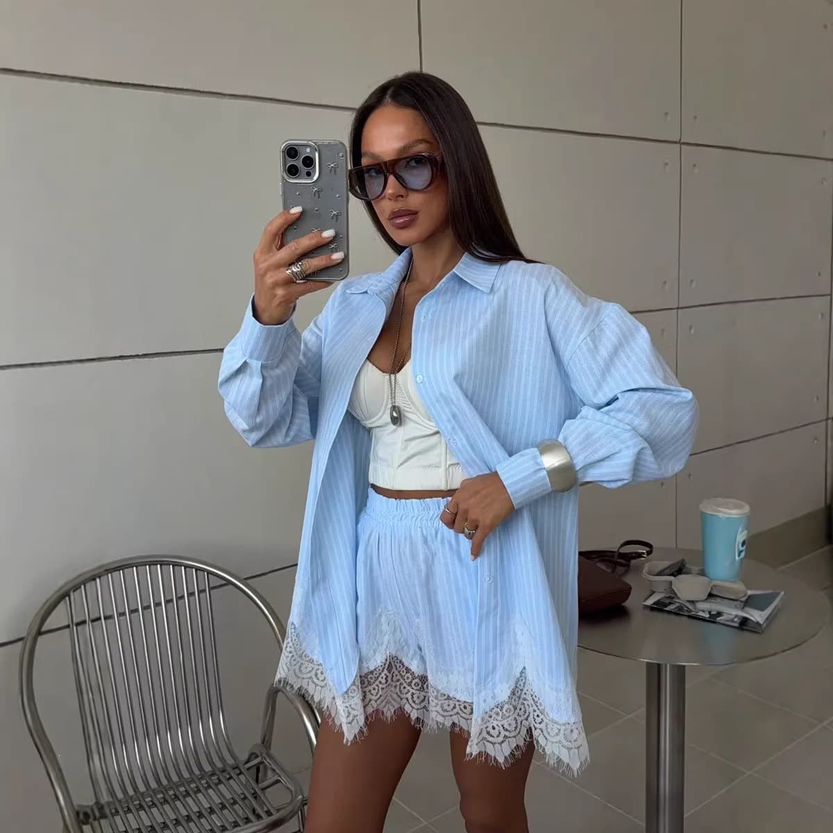 2026 Amazon cross-border summer new blue, pink and white striped long-sleeved shirt, lace shorts suit