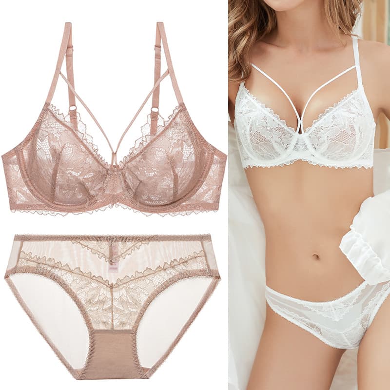 Sexy Lace Push-Up Bra Set for Women, Summer Thin Style, Large Bust Minimizing Bra, Beautiful Back, Hollow Breathable Bra Set