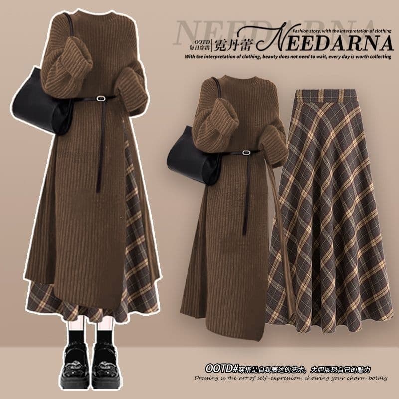 Winter Outfit Set for Women 2025 New Maillard Style Fashion Knit Dress Slimming Skirt Two-Piece Set