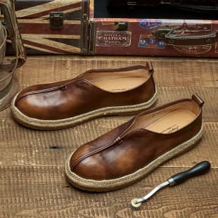 Summer Beijing-Style Handmade Genuine Leather Vintage Monk Strap Slip-On Fisherman Shoes, Men's Casual Top-Layer Cowhide Loafers