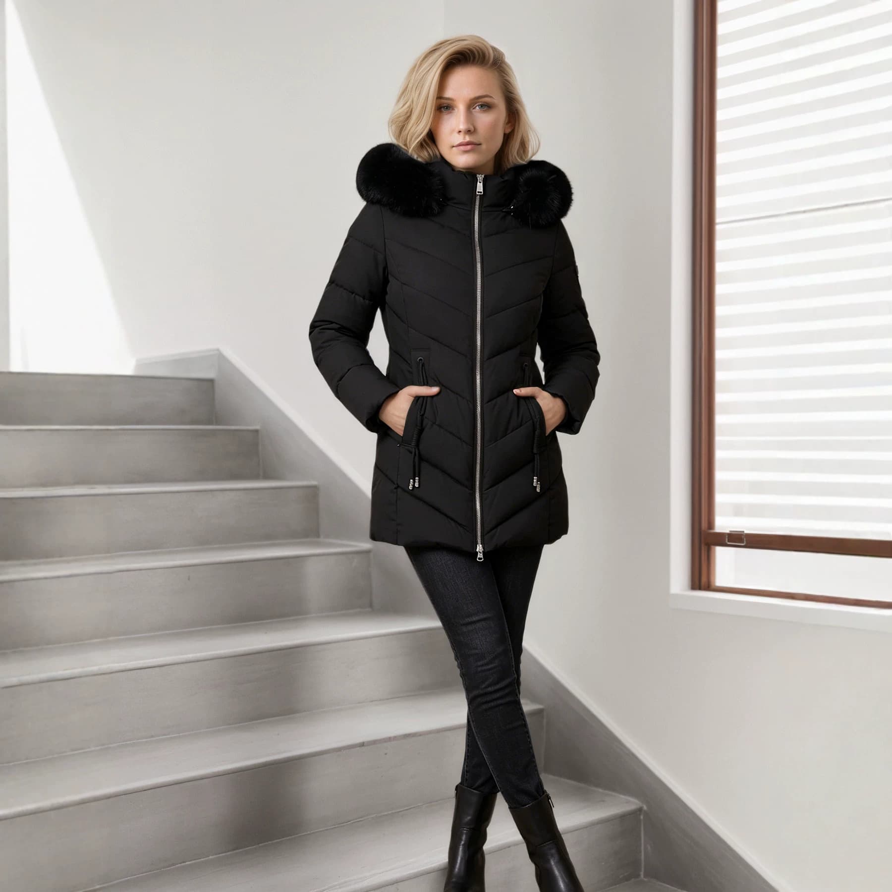 Black short large fur collar cotton coat for women winter slimming hooded thickened and warm commuter cotton coat for small people