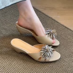 French Fireworks Rhinestone Open-Toe One-Strap Sandals for Women, Summer Outdoor Wear, 2026 New Style, Chunky Heel, Elegant, Matching Dresses
