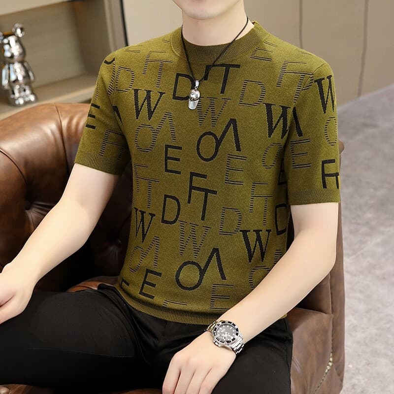 Spring Autumn Winter New High-End Knitted Short Sleeve Men's Half-Sleeve Inner Layering Sweater Round Neck Letter Trendy Versatile Men's Clothing