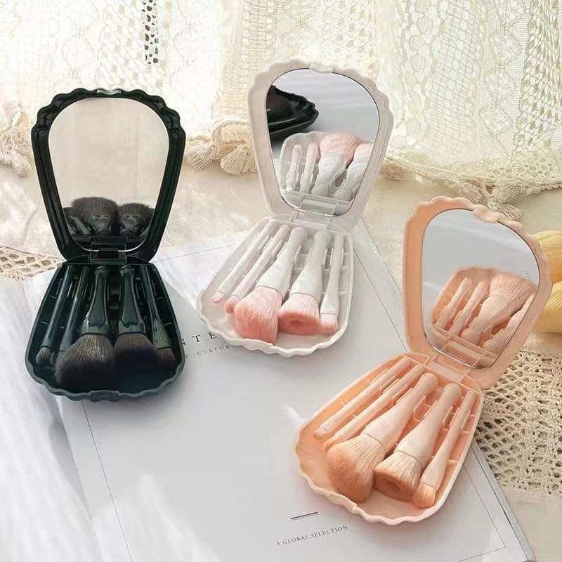 Shell Makeup Brush Portable Set 5 Brushes with Mirror Travel Mini Makeup Kit