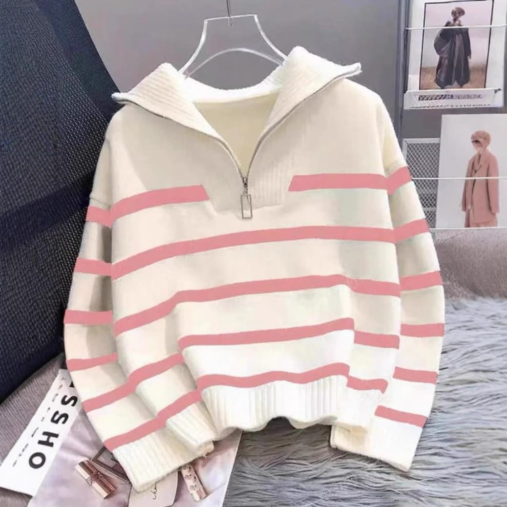 Color-block striped sweater, spring/fall top 2025 new loose lazy Korean-style pullover urban half-zip knitwear