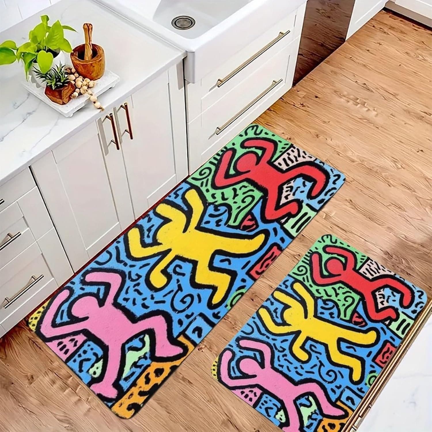 Cross-border Kitchen Two-Piece Set Keith Haring Pop Art Figure Non-Slip Flannel Floor Mat Home Carpet Decoration