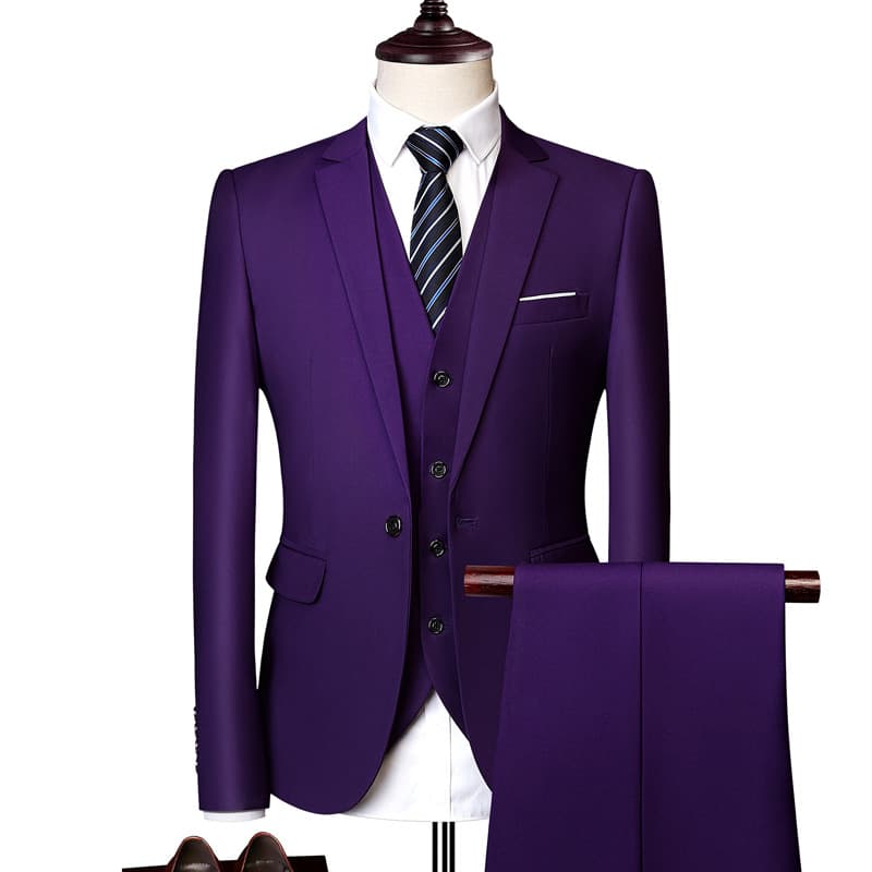 Men's Business Casual Three-Piece Suit Slim Fit Pure Color Youth Dinner Wedding Ceremony Cotton Blend Fabric Fashionable