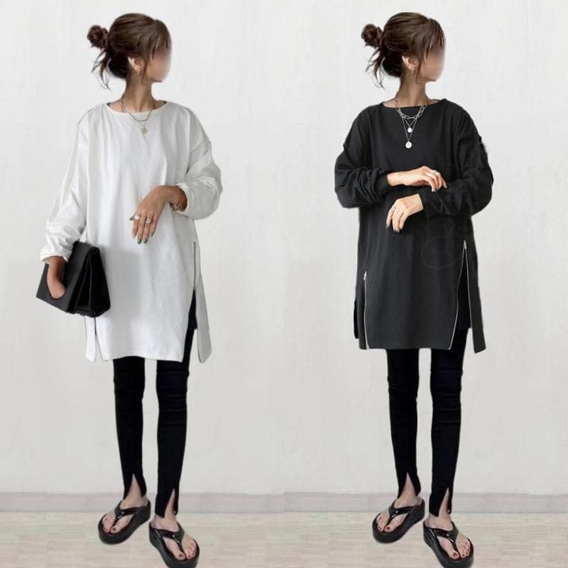 Japanese foreign trade autumn new women's clothing pure cotton long-sleeved round neck loose double side slit zipper T-shirt top